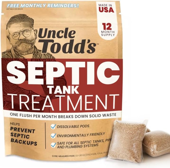 Uncle Todd's Septic Tank Treatment Pods - (12-Month Supply) - Powerful Enzyme & Live Bacteria Formula to Prevent Backups & Odor, Eco-Friendly Dissolvable Pods Safe for All Septic Systems - Image 1
